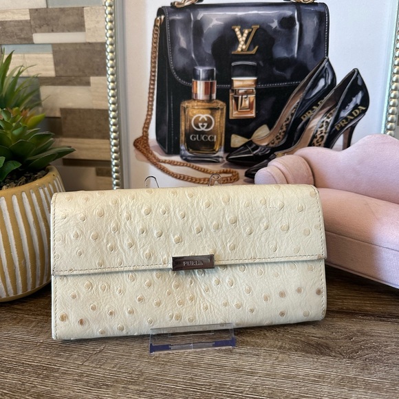 Furla Light Cream Ostrich-Embossed Wallet - Picture 1 of 8